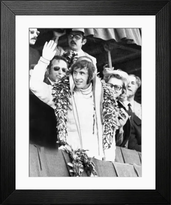 Framed Print : Jackie Stewart Grand Prix driver 1971 celebrates victory in the Spanish Grand Prix