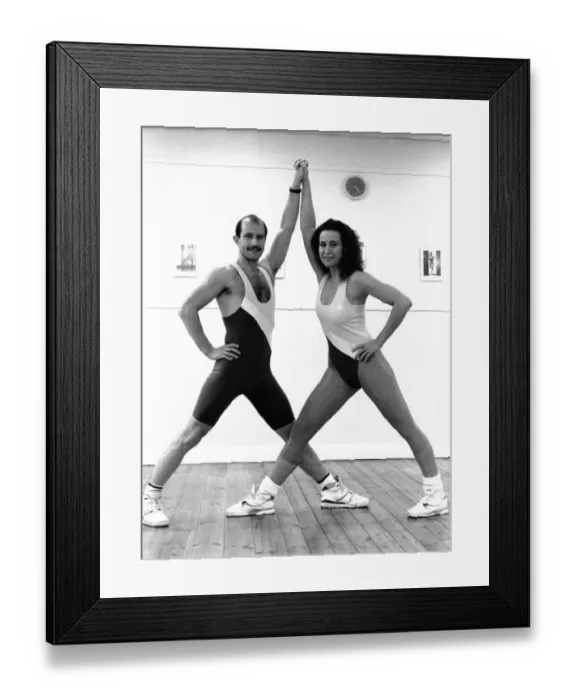 Framed Print : Aerobic dancers Denise Oliver and Paul Renforth get ready for a session Framed Print : Aerobic dancers Denise Oliver and Paul Renforth get ready for a session