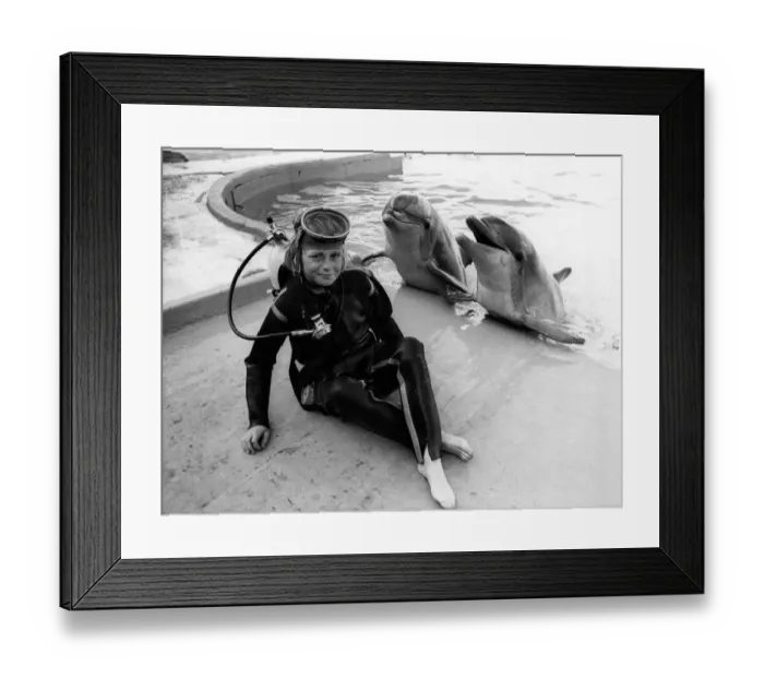 Framed Print : Starring Douglas and the Dolphins. Dolphins think the world of young Douglas Lambert