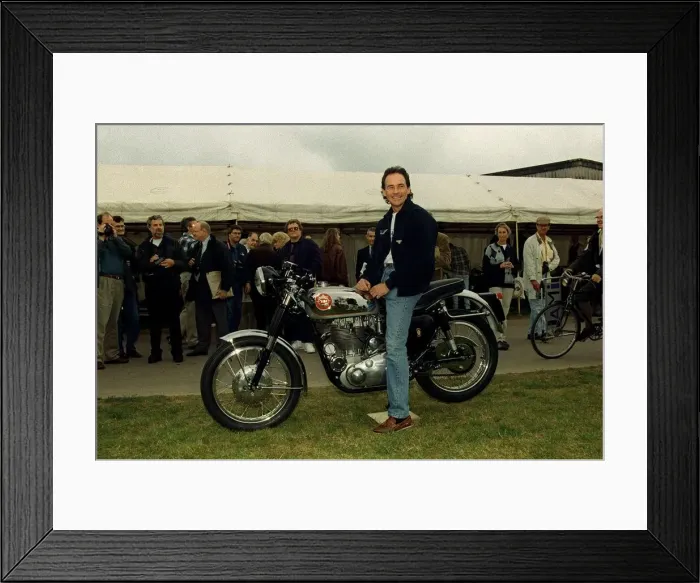 Framed Print : Barry Sheene September 1998 Former world motorcycle champion sitting on an old