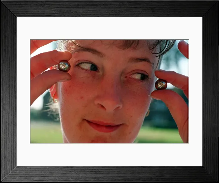 Framed Print : Margaret Denvie with silver space balls September 1997 Framed Print : Margaret Denvie with silver space balls September 1997
