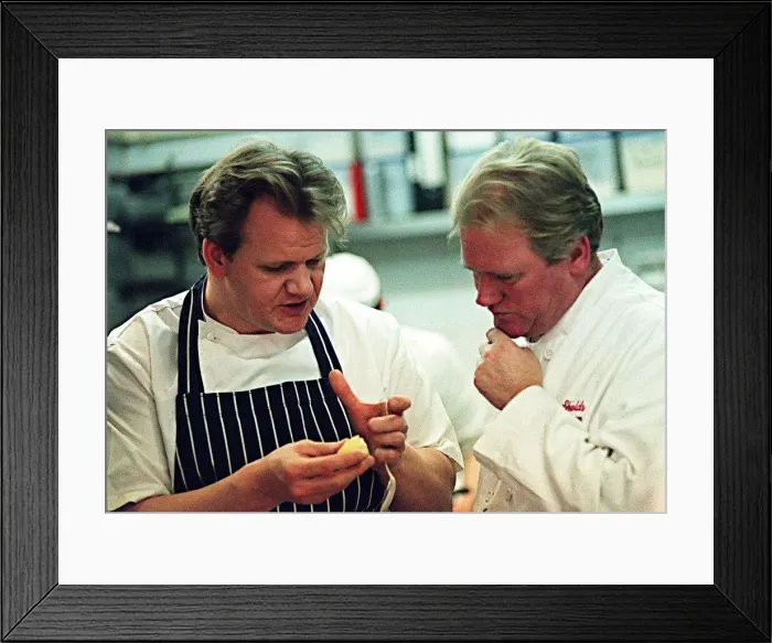 Framed Print : Gordon Ramsay Chef February 1999 with Daily Record reporter Bob Shields in kitchen Framed Print : Gordon Ramsay Chef February 1999 with Daily Record reporter Bob Shields in kitchen