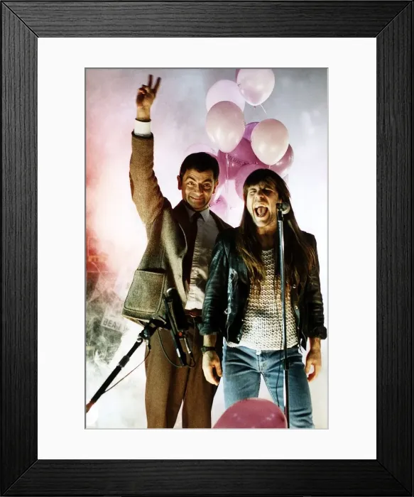 Framed Print : Rowan Atkinson Comedian and Actor singing with Bruce Dickinson of the Pop Group Iron Framed Print : Rowan Atkinson Comedian and Actor singing with Bruce Dickinson of the Pop Group Iron