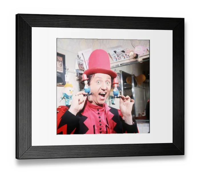 Framed Print : Ken Dodd entertainer with two models of his Diddymen Dbase MSI