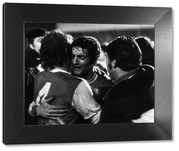 Frank McLintock Arsenal skipper hugs Eddie Kelly 1970