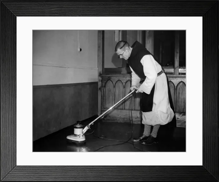Framed Print : Monk cleaning the monastary floor. February 1948 P000186 Framed Print : Monk cleaning the monastary floor. February 1948 P000186
