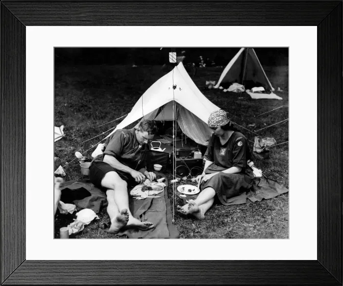 Framed Print : Campers enjoying a meal whilst listening to a wireless radio set. June 1924 P000021 Framed Print : Campers enjoying a meal whilst listening to a wireless radio set. June 1924 P000021