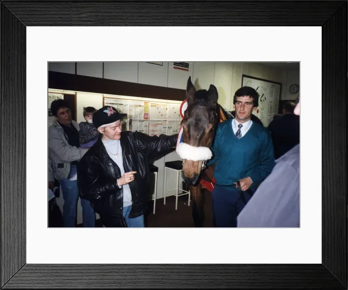 Framed Print : Red Rum Racehorse and his stablelad making a personal appearence at The Surrey Racing Framed Print : Red Rum Racehorse and his stablelad making a personal appearence at The Surrey Racing