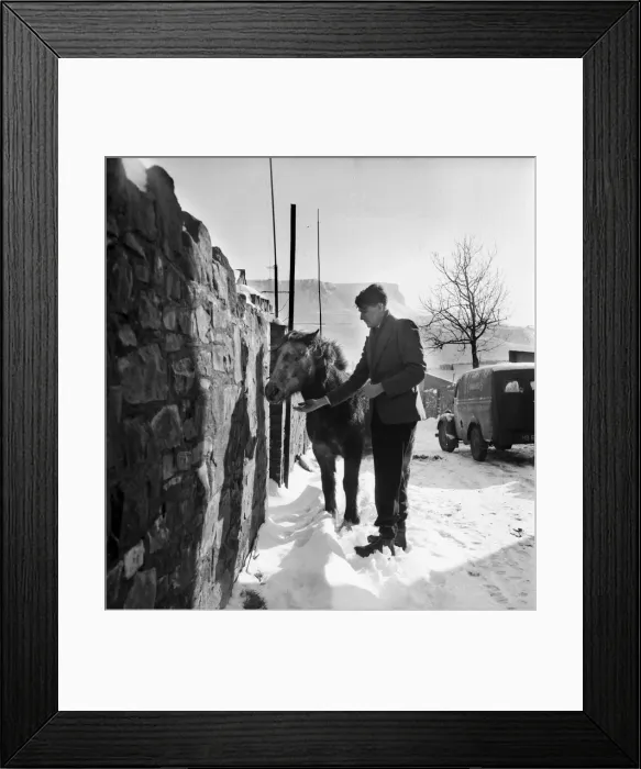 Framed Print : A man with a Welsh pony in a village during winter. December 1952 C6064-003 Framed Print : A man with a Welsh pony in a village during winter. December 1952 C6064-003