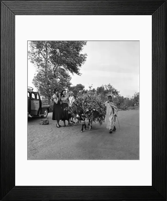 Framed Print : Two French actresses watch as a local man carrying tree branches on his donkey passes by Framed Print : Two French actresses watch as a local man carrying tree branches on his donkey passes by