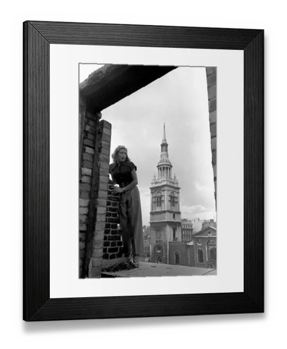 Framed Print : Yvonne Stein - Stunt Girl seen here on a bomb site close to St Pauls Cathedral, London