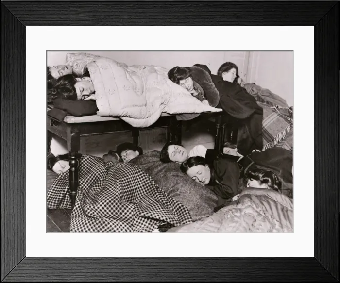 Framed Print : Suffragettes pictured sleeping at home of a friend who refuses to fill up her schedule Framed Print : Suffragettes pictured sleeping at home of a friend who refuses to fill up her schedule