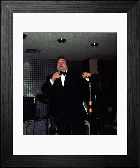 Framed Print : Bernard Manning on stage with microphone August 1981 vfr1