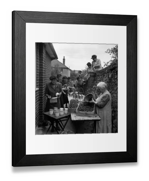Framed Print : WVS canning centre at Lyminge, Folkestone, Kent. Women turning out 250 cans of fruit a