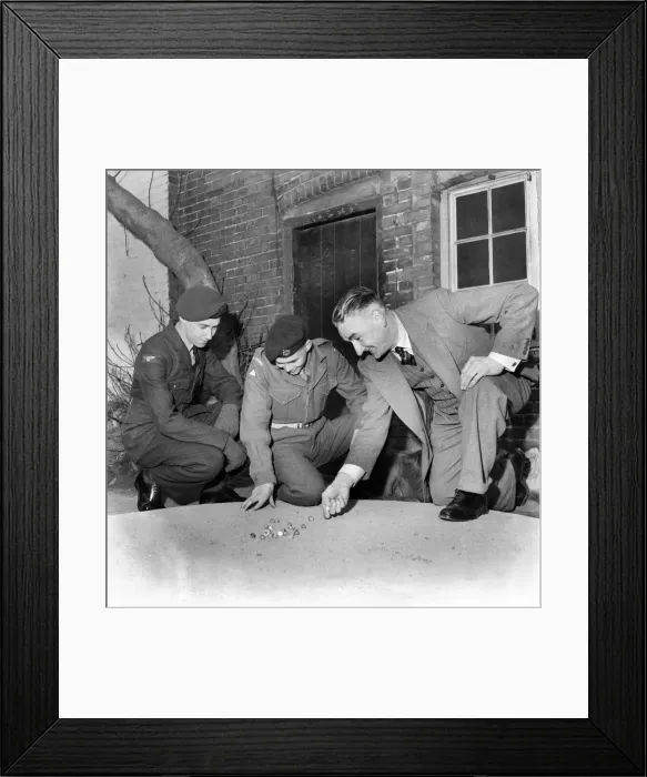 Framed Print : Bernard Wilcock Seen here playing marbles with a group of soldiers. March 1953 D1555 Framed Print : Bernard Wilcock Seen here playing marbles with a group of soldiers. March 1953 D1555