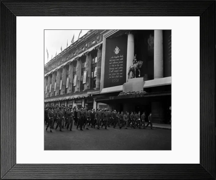 Framed Print : Coronation Reharsal. Soldiers of the Grenadier Guards March through Whitehall at 5 am