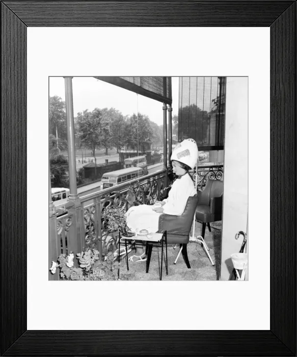 Framed Print : Woman Hairdressers A Client at Mr Freddie Frenchs Park lane balcony hairdressing