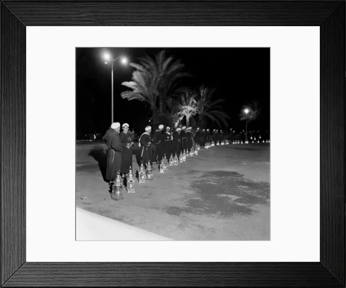 Framed Print : Soldiers on guard with their lamps in Marrakech, Morocco December 1952 Framed Print : Soldiers on guard with their lamps in Marrakech, Morocco December 1952