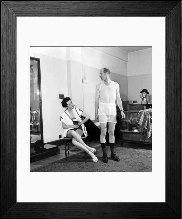 Framed Print : Clothing : Fashion : Humour 1953. Man wearing lace underpants he designed himself Framed Print : Clothing : Fashion : Humour 1953. Man wearing lace underpants he designed himself