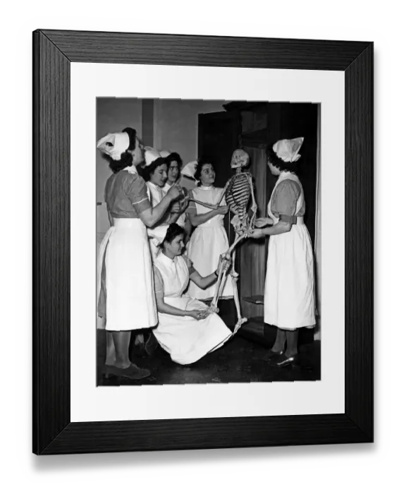Framed Print : Skeleton in their Cupboard. Nurses being taught anatomy. April 1948 P000235