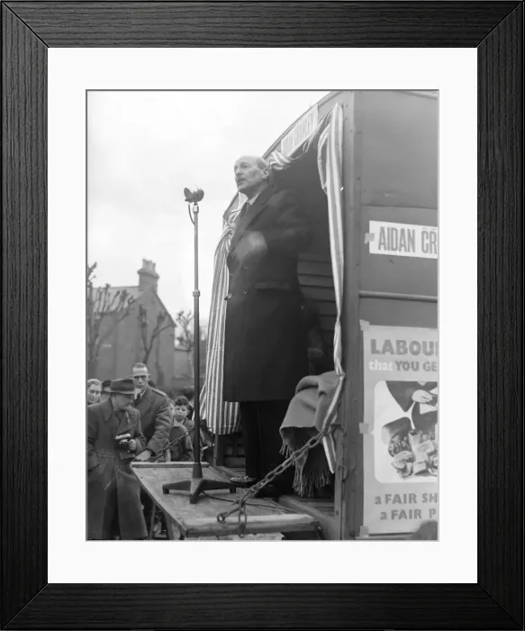 Framed Print : Mr Attlee. speaking in he Market square at wolverton Bucks during his election tour