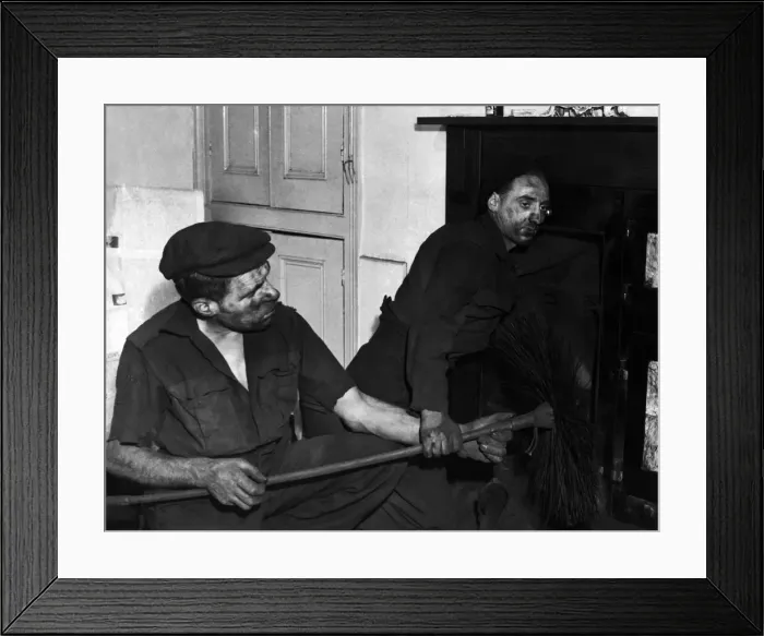 Framed Print : Chimney Sweeps Mr. Cuttriss (left) and Lionel who are working on a blocked up Framed Print : Chimney Sweeps Mr. Cuttriss (left) and Lionel who are working on a blocked up