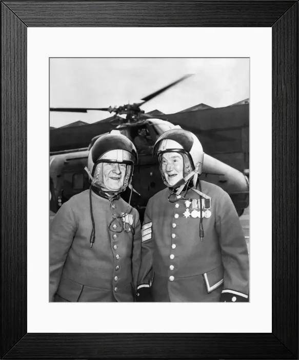 Framed Print : Pensioner Pilots Two helmeted Chelsea Pensioners stand ready for their first Framed Print : Pensioner Pilots Two helmeted Chelsea Pensioners stand ready for their first