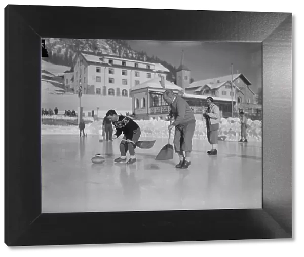 Gordon Richards, jockey, competing in Curling Championships at St. Moritz, Switzerland