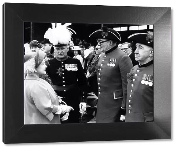 The Queen Mother after presenting shamrock to the Irish Guards at Pirbright today - St