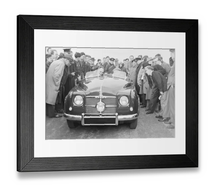 Framed Print : New Rover gas turbine car tested at Silverstone By C Wilkes with T R Bell as passenger Framed Print : New Rover gas turbine car tested at Silverstone By C Wilkes with T R Bell as passenger