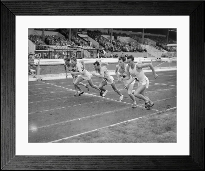 Framed Print : British Games at White City 1950 Mile Start - left to Rht W Shykhuis (Benelux) Framed Print : British Games at White City 1950 Mile Start - left to Rht W Shykhuis (Benelux)