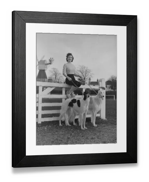 Framed Print : Zene Maishall, film actress, with Barzois dogs Viking and Rena