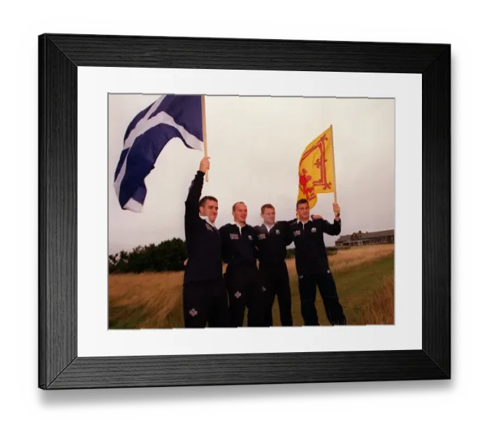 Framed Print : Scotland Rugby players 1st October 1999 four Scots players waves flags in air build Framed Print : Scotland Rugby players 1st October 1999 four Scots players waves flags in air build