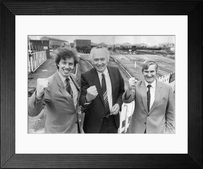Framed Print : Showing their defiance of the threat of closure to Shildon wagon works, left to right Framed Print : Showing their defiance of the threat of closure to Shildon wagon works, left to right
