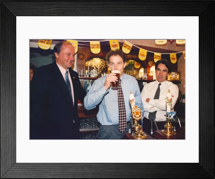 Framed Print : Tony Blair tries a pint of beer at Castle Eden Brewery