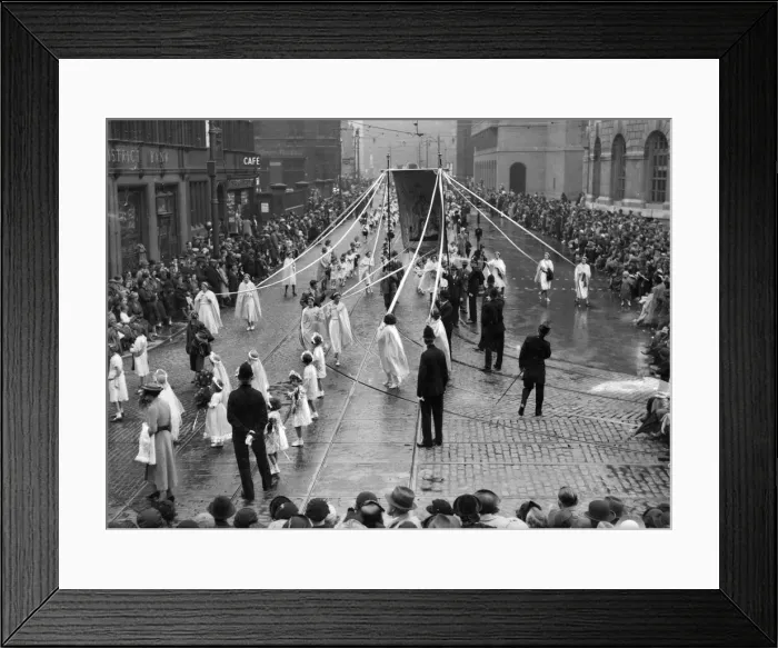 Framed Print : Religion Holidays Whit Sunday The scene as the Whitsun procession wends its way Framed Print : Religion Holidays Whit Sunday The scene as the Whitsun procession wends its way