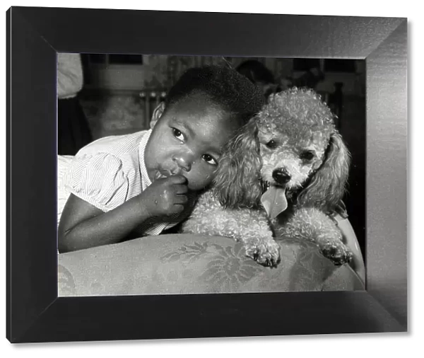 African American child with puppy leaning on dog sucking thumb 1950 s