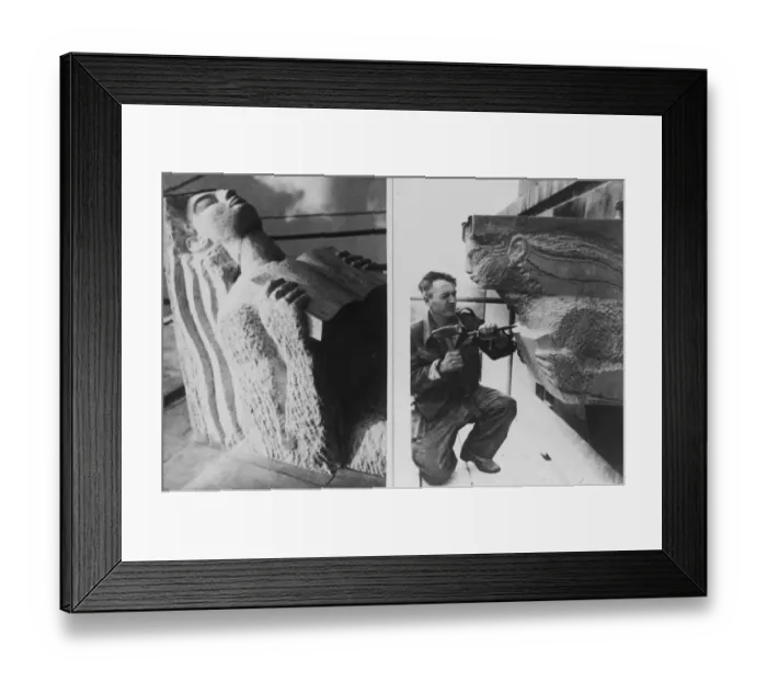 Framed Print : Photographer Heanly Harry Hussey, Mottingham, London stone-mason at work on one of Framed Print : Photographer Heanly Harry Hussey, Mottingham, London stone-mason at work on one of