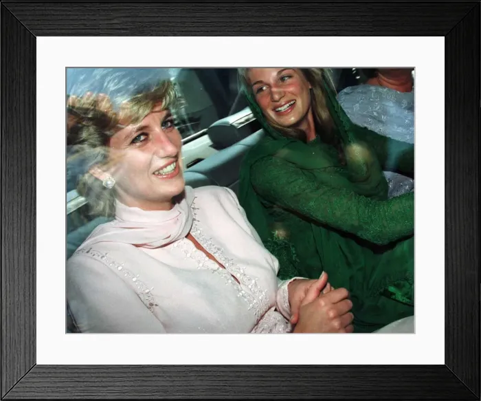Framed Print : A laughing Princess Diana leaves Lahore Airport in Pakistan with her friend Jemima Khan