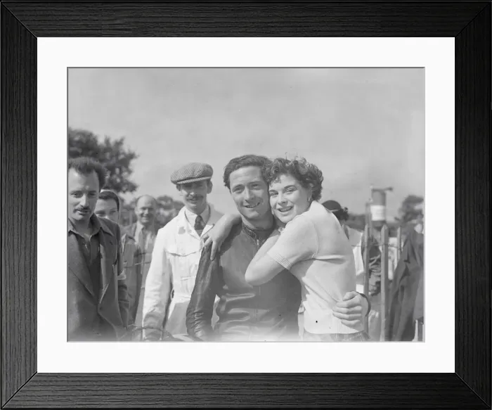 Framed Print : Motor Cycle Racing Isle of Man Manx Grand Prix Dave Bennett congratulated by