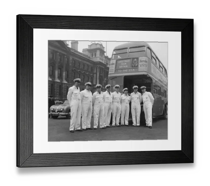 Framed Print : London Bus Tour USA Group of milkmen stand in front of a London Double Decker bus Framed Print : London Bus Tour USA Group of milkmen stand in front of a London Double Decker bus