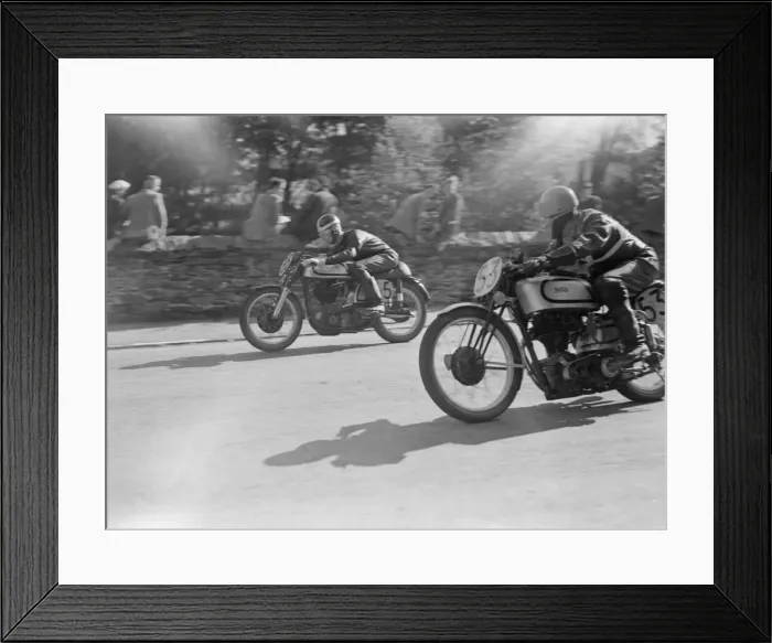 Framed Print : Manx grand Prix Isle of Man 1951 D L Bennett passes K W Swallow in Senior M. G. P