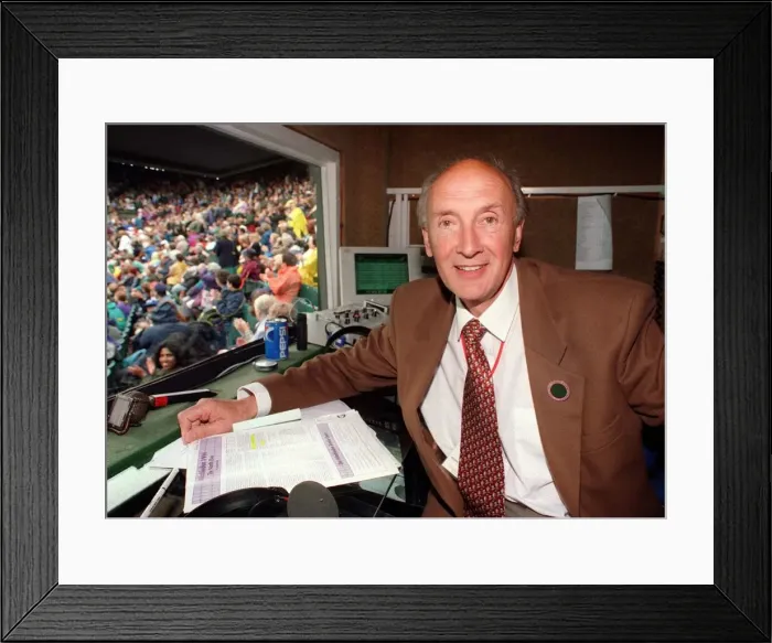 Framed Print : Barry Davies BBC sports commentator in the commentry box at Centre Court Wimbledon Framed Print : Barry Davies BBC sports commentator in the commentry box at Centre Court Wimbledon