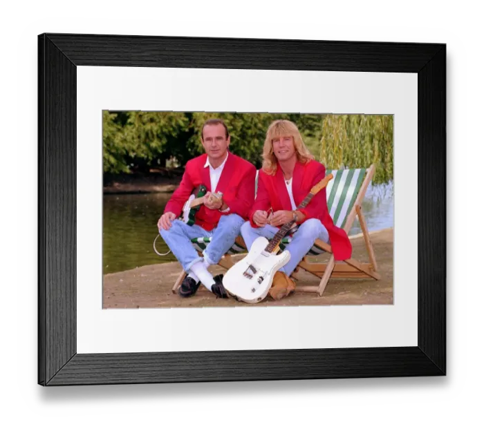 Framed Print : Status Quo wearing red coats at Butlins holiday camp. September 1990 1990s