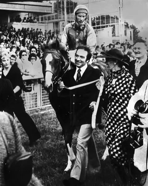 The Minstrel being lead in at the Irish Derby with Lester Piggott up, Curragh Racecourse