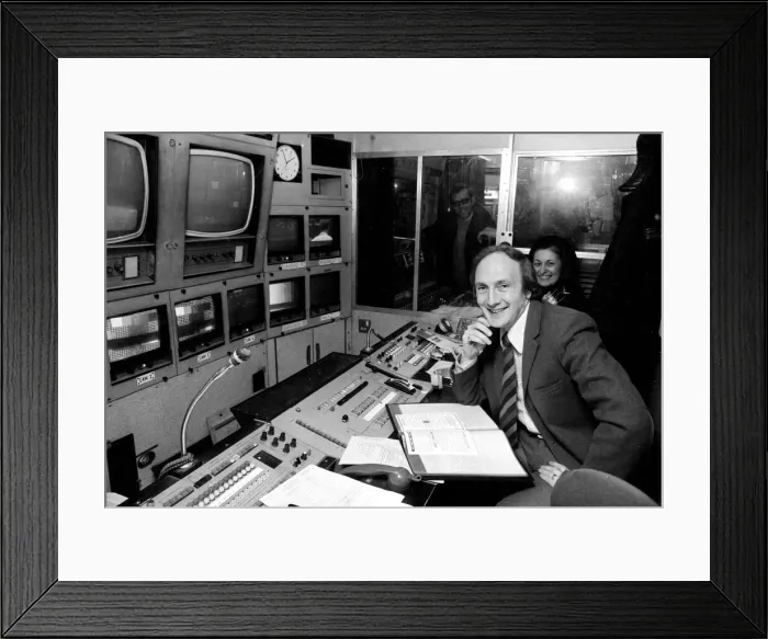 Framed Print : Barry Davies BBC sports commentator in one of the BBC mobile scanning units Framed Print : Barry Davies BBC sports commentator in one of the BBC mobile scanning units