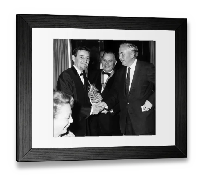 Framed Print : Reg Smythe Cartoonist 1965 LEFT receives an award from Prime Minister Harold Wilson PM