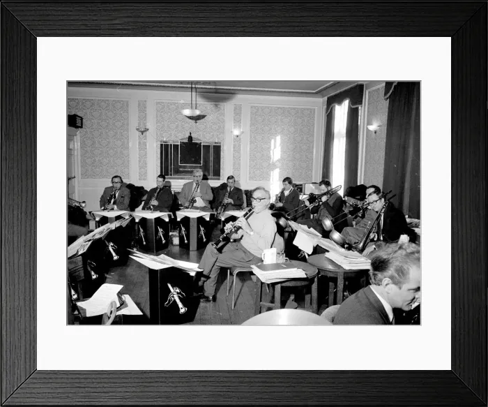 Framed Print : Jazz performer Benny Goodman playing his clarinet with his new British band Framed Print : Jazz performer Benny Goodman playing his clarinet with his new British band