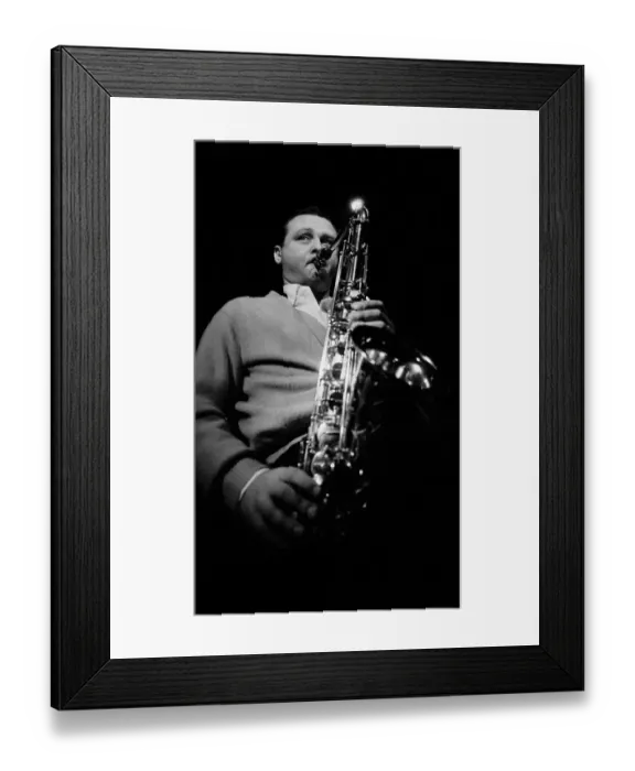 Framed Print : Jazz performer Stan Getz at Ronnie Scotts jazz club. Master tenor saxophonist