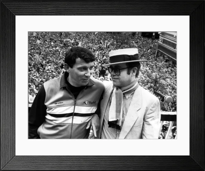 Framed Print : Graham Taylor Watford manager shares an historic moment with his chairman Elton John